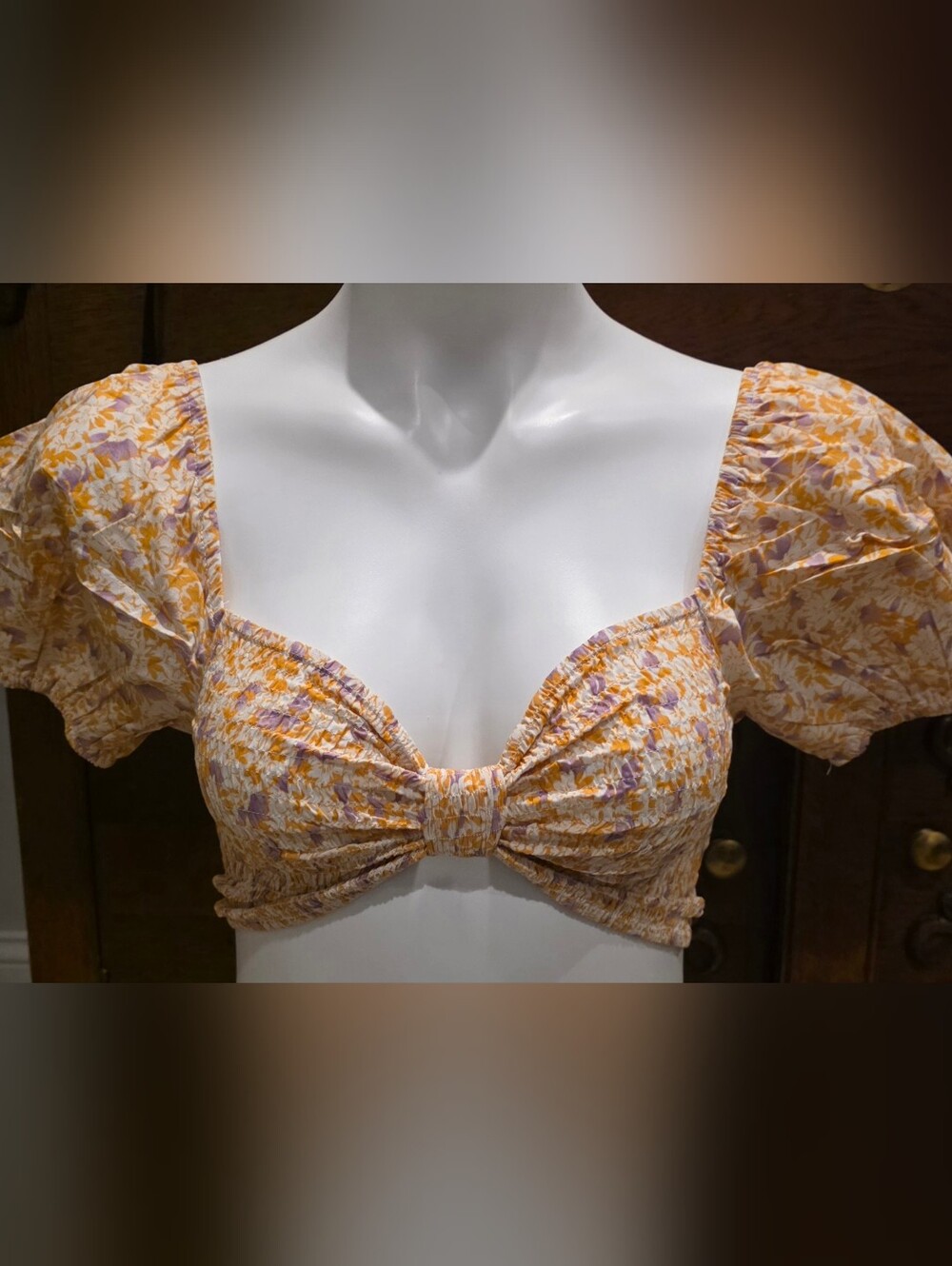 emory park Floral Puff-Sleeve Cropped Top in Yellow and Lavender